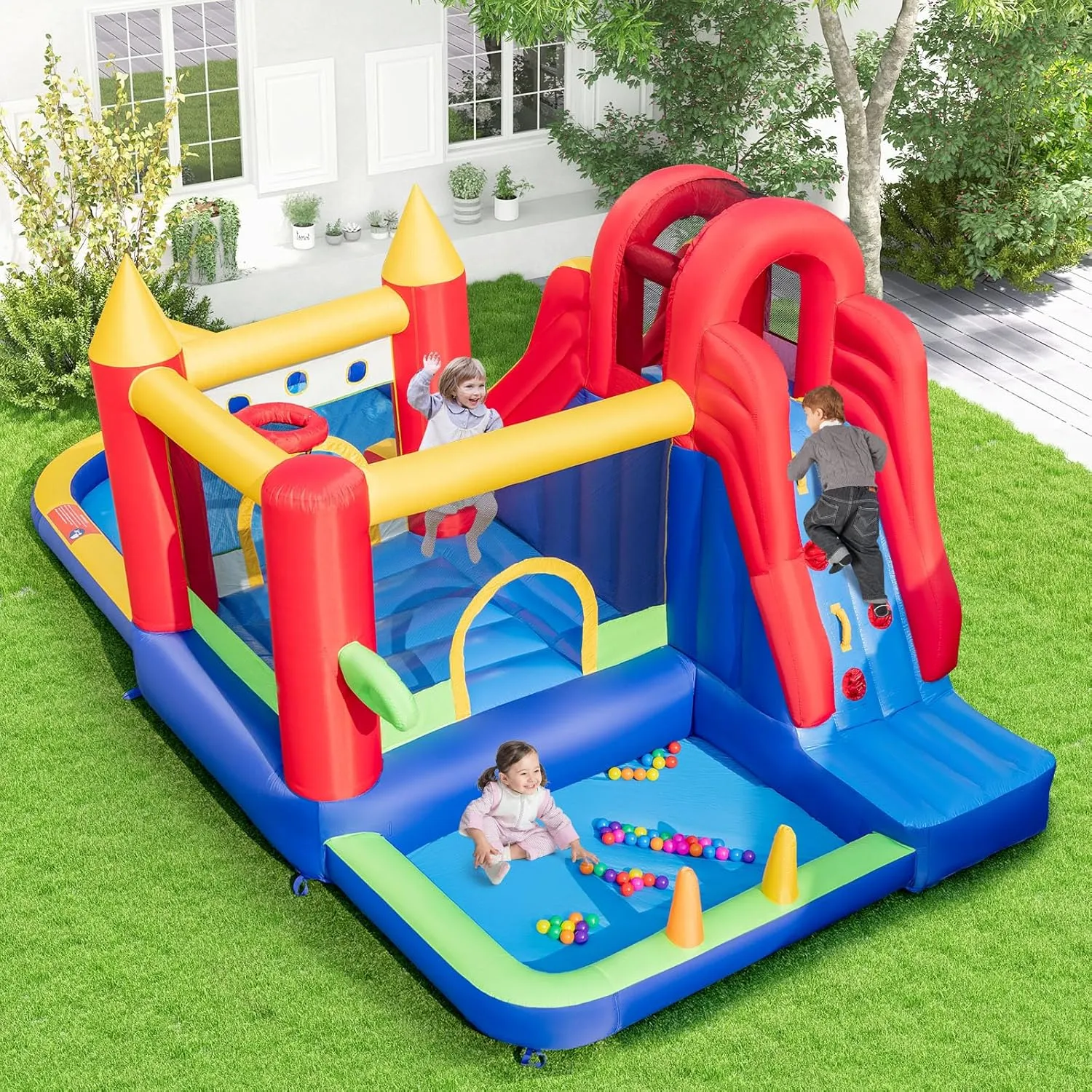 BOUNTECH Inflatable Water Slide, 9 in 1 Bounce House Water Slide Combo for Outdoor Fun w/Large Splash Pool, Ball Pit, Blow up Bouncy Castle Water Slides Inflatables for Big Kids Backyard Party Gifts