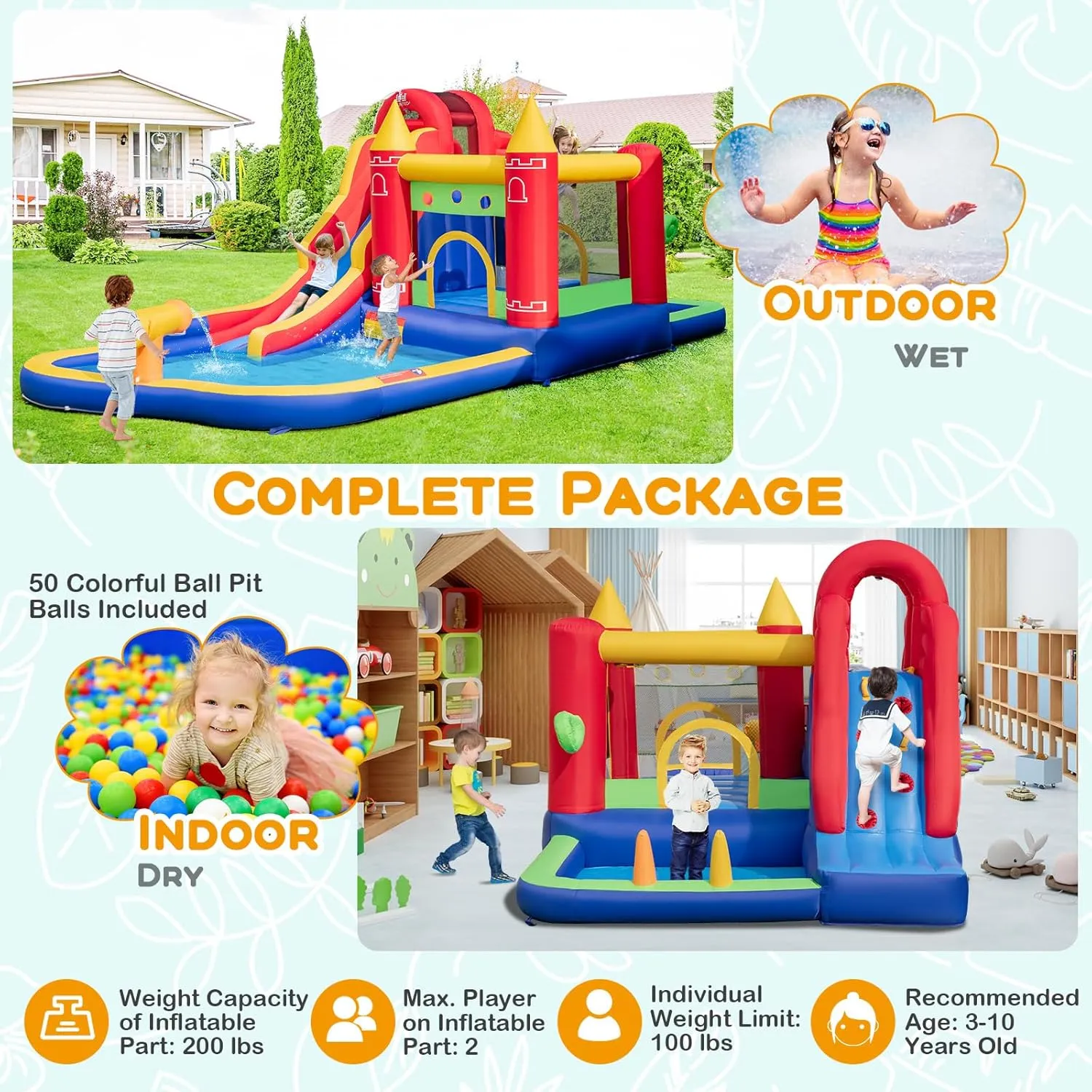 BOUNTECH Inflatable Water Slide, 9 in 1 Bounce House Water Slide Combo for Outdoor Fun w/Large Splash Pool, Ball Pit, Blow up Bouncy Castle Water Slides Inflatables for Big Kids Backyard Party Gifts
