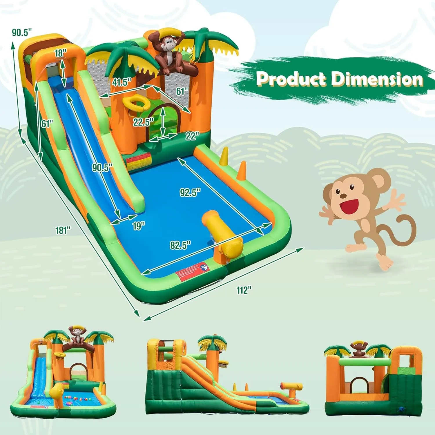 BOUNTECH Inflatable Water Slide, Jungle Kids Water Park Jump Castle with Long Slide, Splash Pool, Water Slides Inflatables for Kids, Blow up Backyard Party Outdoor Water Slide Bounce House with Blower