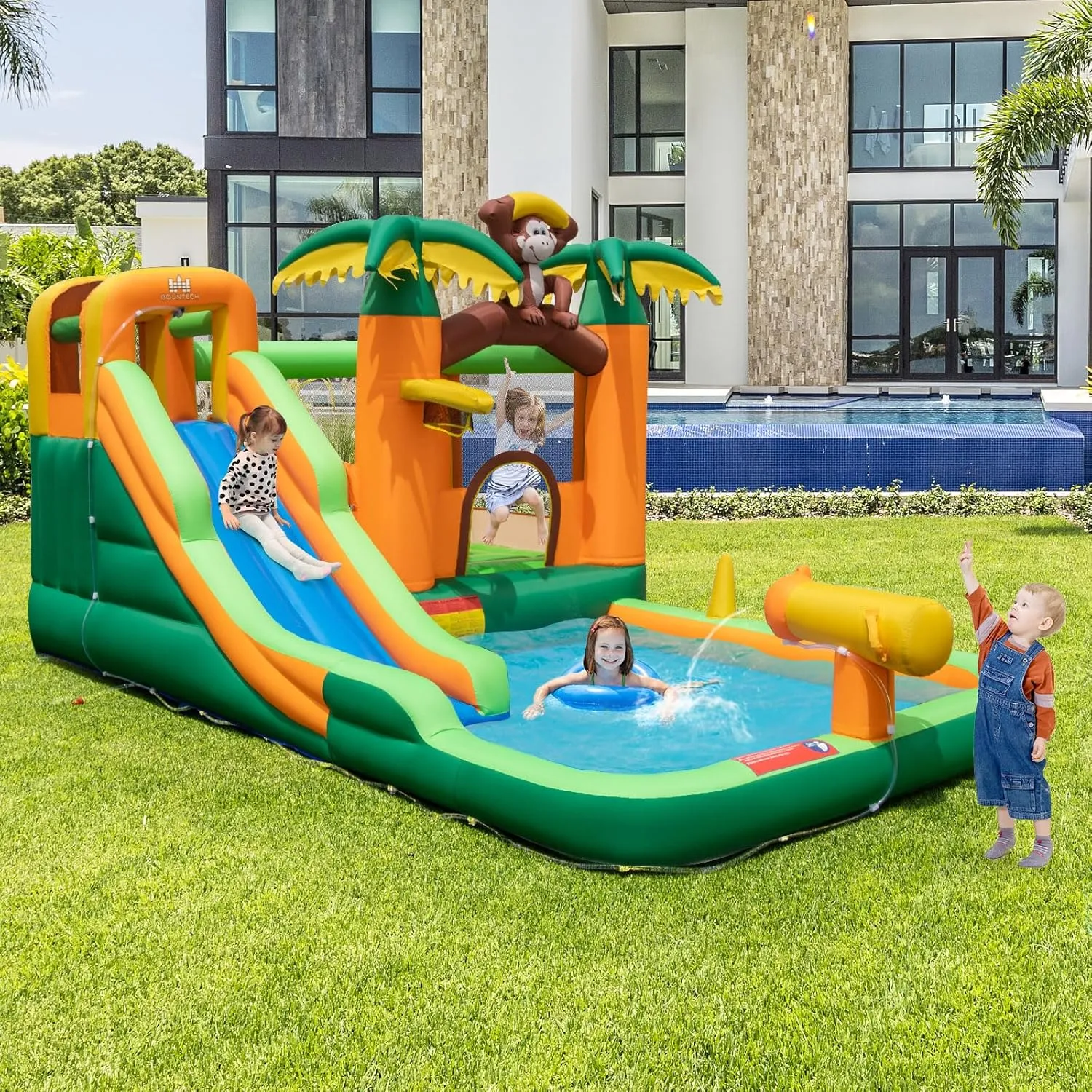 BOUNTECH Inflatable Water Slide, Jungle Kids Water Park Jump Castle with Long Slide, Splash Pool, Water Slides Inflatables for Kids, Blow up Backyard Party Outdoor Water Slide Bounce House with Blower