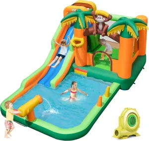BOUNTECH Inflatable Water Slide, Jungle Kids Water Park Jump Castle with Long Slide, Splash Pool, Water Slides Inflatables for Kids, Blow up Backyard Party Outdoor Water Slide Bounce House with Blower