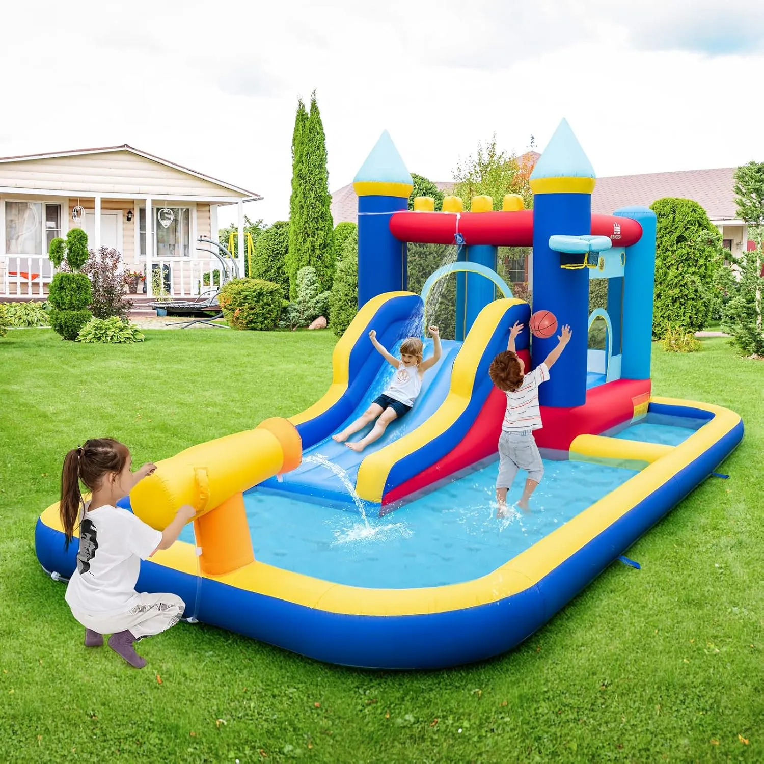 BOUNTECH Inflatable Water Slide, Kids Water Park Jump Bouncy Castle with Slide, Splash Pool, Water Slides Inflatables for Kids, Blow up Backyard Party Outdoor Water Slide Bounce House with Blower
