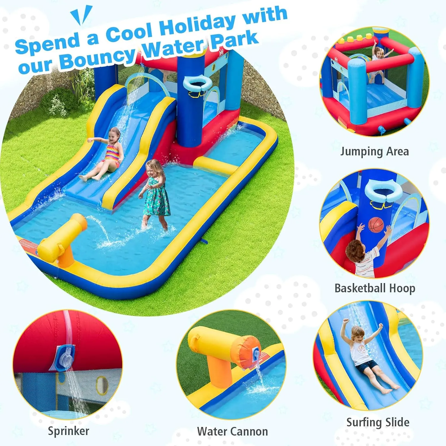 BOUNTECH Inflatable Water Slide, Kids Water Park Jump Bouncy Castle with Slide, Splash Pool, Water Slides Inflatables for Kids, Blow up Backyard Party Outdoor Water Slide Bounce House with Blower