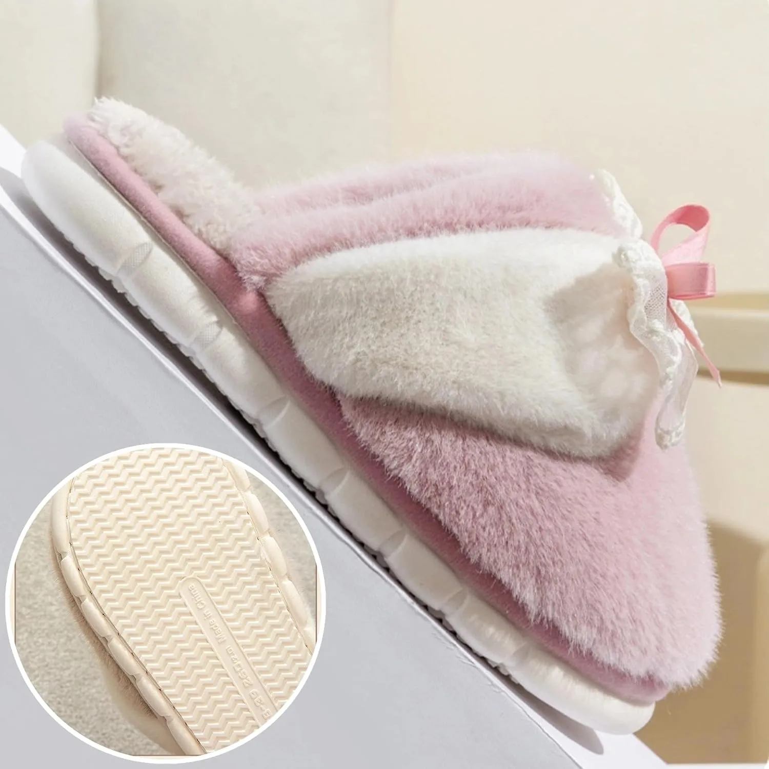 Bow Slippers for Women Indoor Winter Cotton Warm House Slippers Slides Lace Bow Tie Slip On Cozy Bedroom Slippers Shoes Comfy Home Plush Slippers with Bows