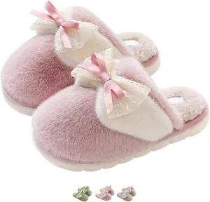 Bow Slippers for Women Indoor Winter Cotton Warm House Slippers Slides Lace Bow Tie Slip On Cozy Bedroom Slippers Shoes Comfy Home Plush Slippers with Bows