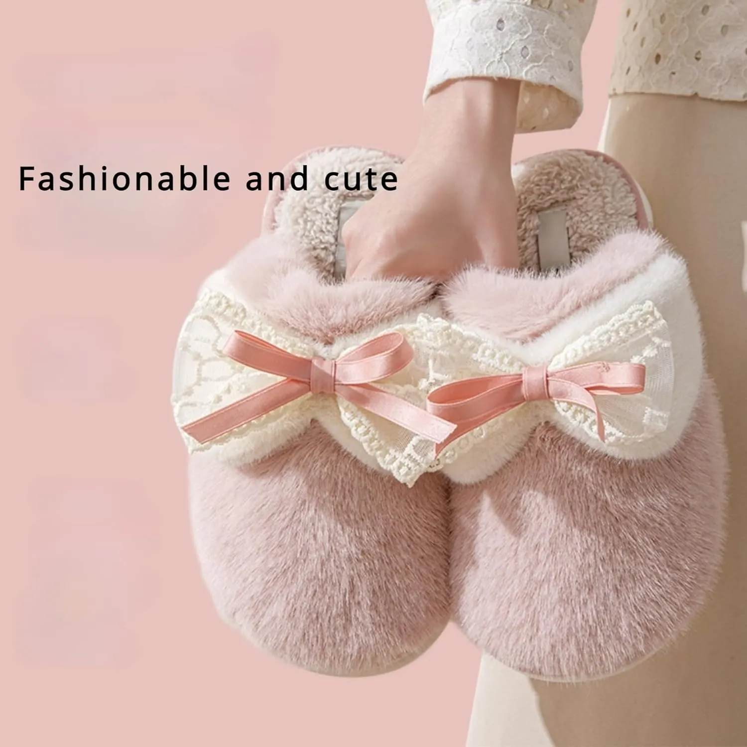 Bow Slippers for Women Indoor Winter Cotton Warm House Slippers Slides Lace Bow Tie Slip On Cozy Bedroom Slippers Shoes Comfy Home Plush Slippers with Bows