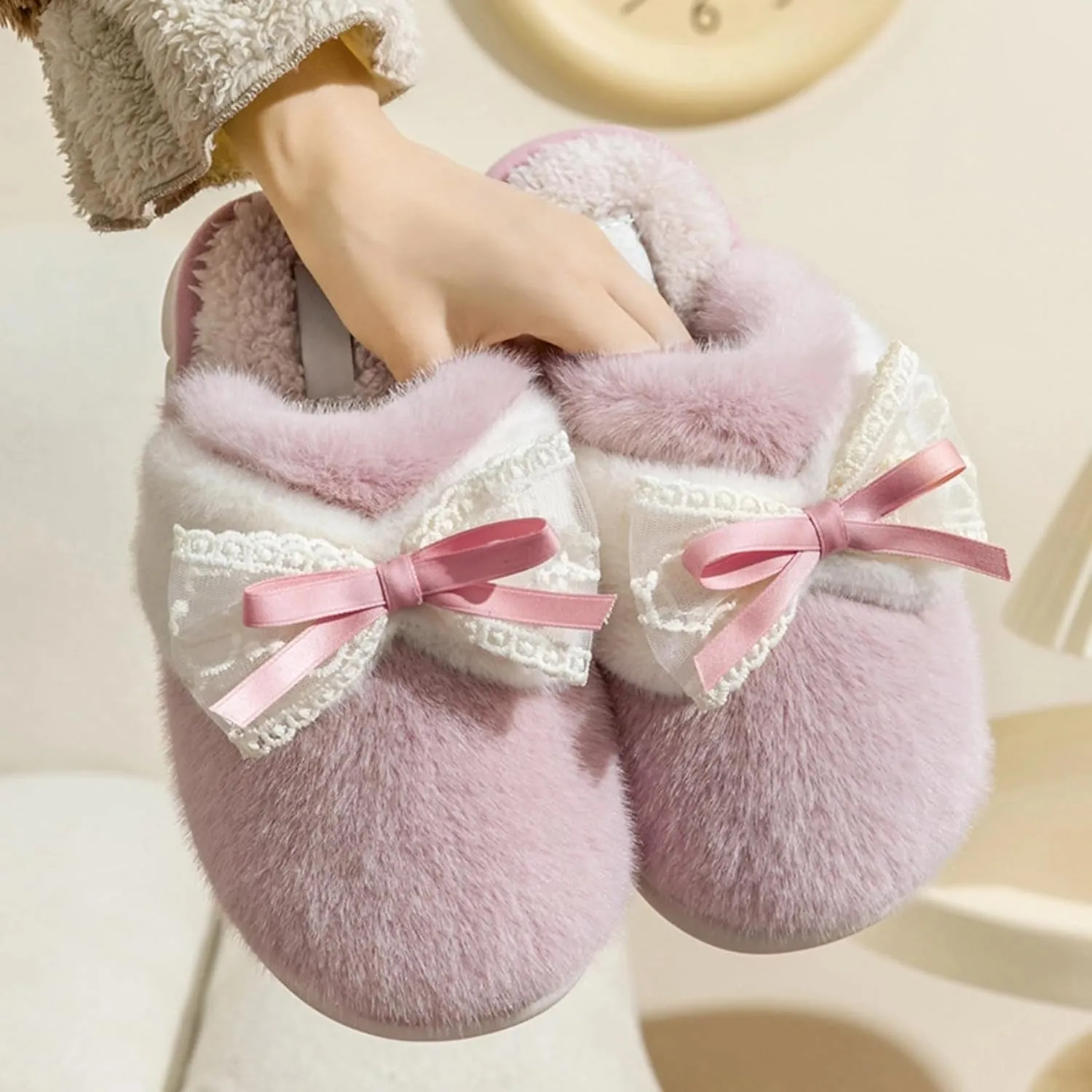 Bow Slippers for Women Indoor Winter Cotton Warm House Slippers Slides Lace Bow Tie Slip On Cozy Bedroom Slippers Shoes Comfy Home Plush Slippers with Bows