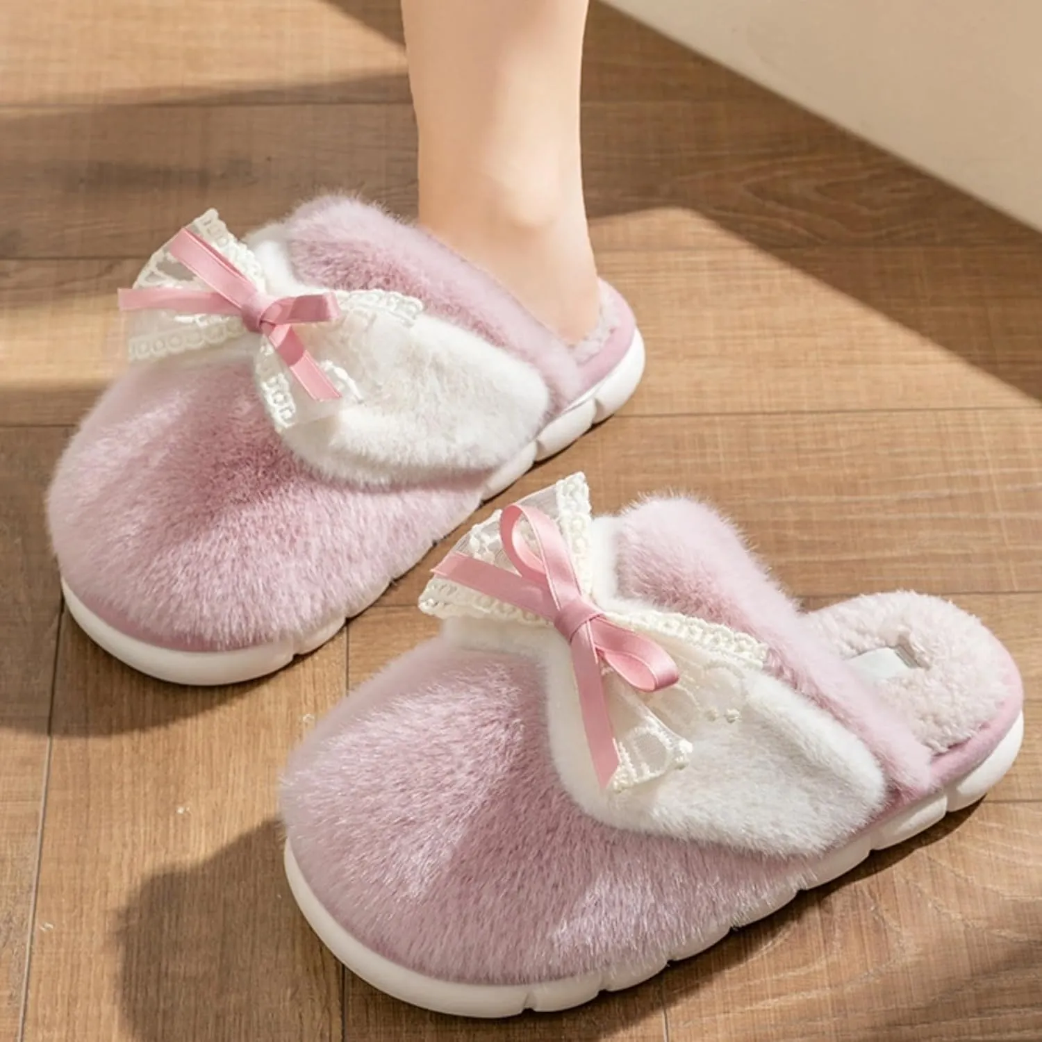 Bow Slippers for Women Indoor Winter Cotton Warm House Slippers Slides Lace Bow Tie Slip On Cozy Bedroom Slippers Shoes Comfy Home Plush Slippers with Bows