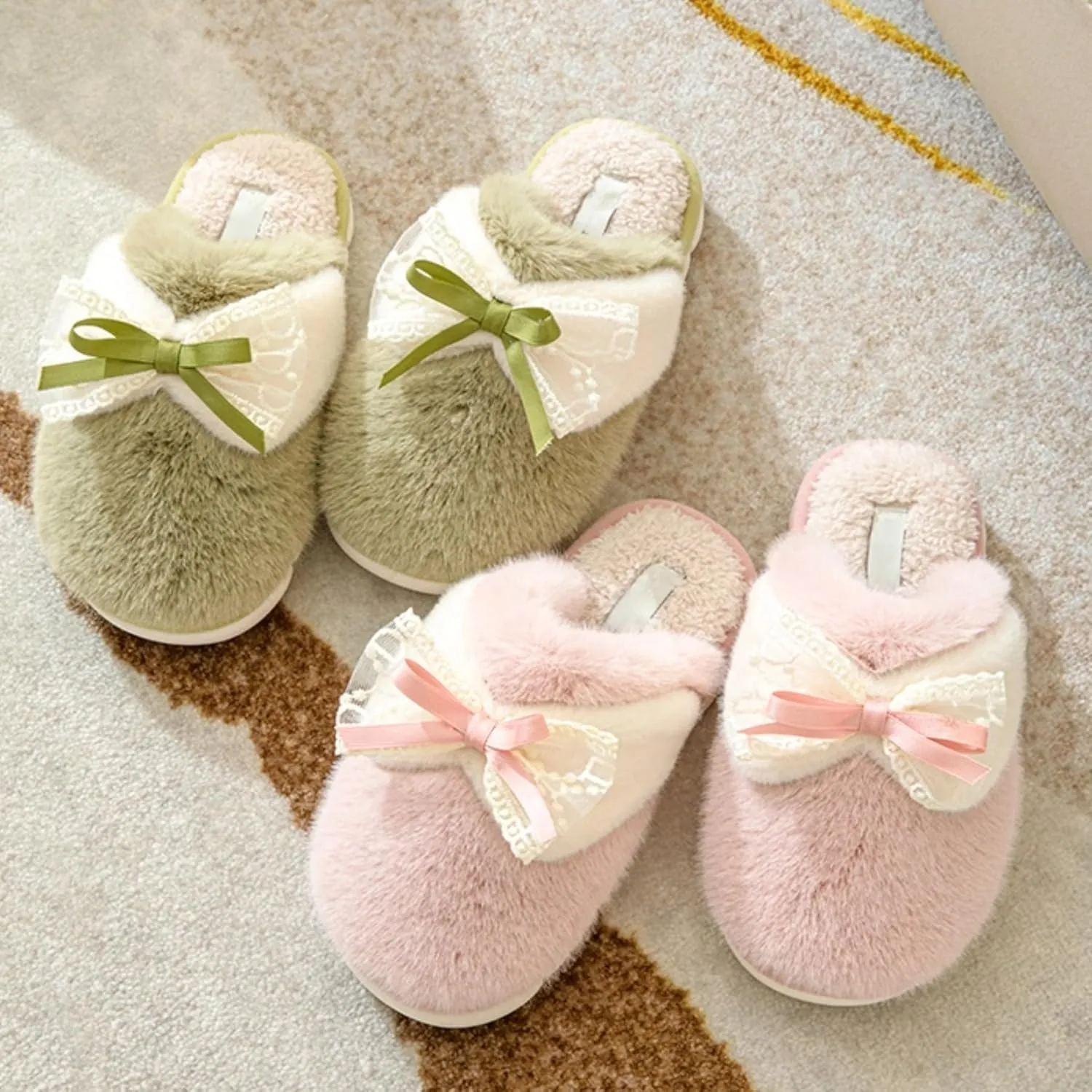 Bow Slippers for Women Indoor Winter Cotton Warm House Slippers Slides Lace Bow Tie Slip On Cozy Bedroom Slippers Shoes Comfy Home Plush Slippers with Bows