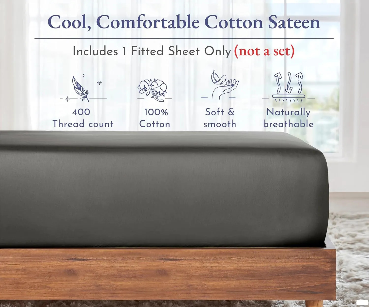 California Design Den Fitted Sheet Queen Deep Pocket, Soft 400 Thread Count 100% Cotton Sateen, No Pop-Off Elastic, Durable Fitted Sheet Only (Queen, Grey)