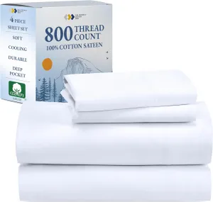 California Design Den Luxury 800 Thread Count King Size Sheets Set - 100% Cotton Sheets, Soft Sateen, Deep Pockets with Anti Skid Elastic for a Snug Fit, Cool & Durable Bedding Set - White