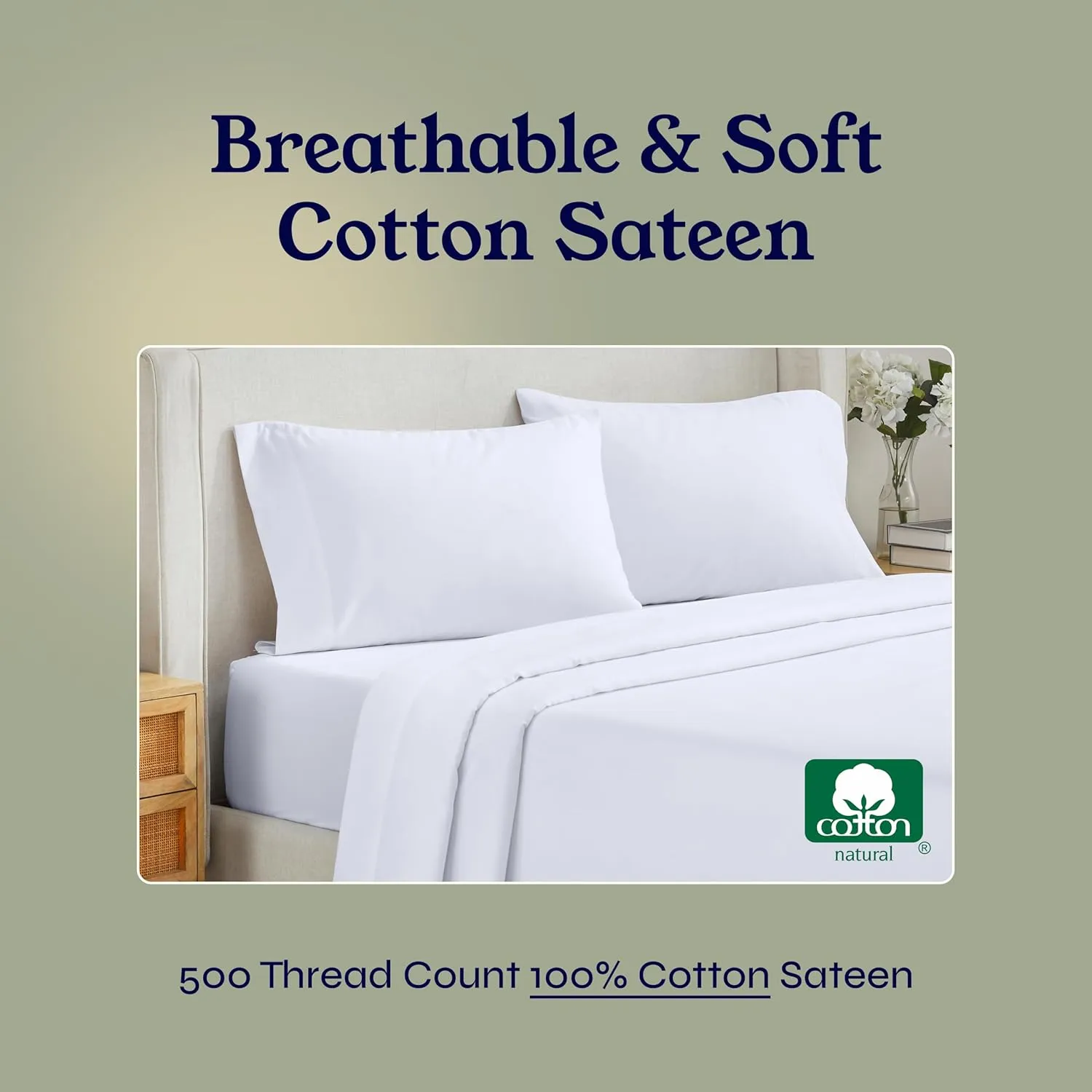 California Design Den Twin XL Size Sheet Set - 100% Cotton, 500 Thread Count Sateen, Cooling Deep Pocket Bed Sheets with Fitted Elastic Sheet, Extra Soft Luxury Hotel Quality - White