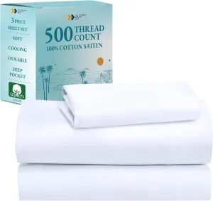 California Design Den Twin XL Size Sheet Set - 100% Cotton, 500 Thread Count Sateen, Cooling Deep Pocket Bed Sheets with Fitted Elastic Sheet, Extra Soft Luxury Hotel Quality - White
