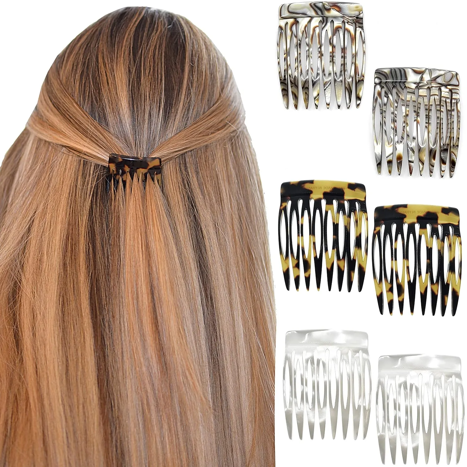 Camila Paris Onyx Pearl Tokyo French Hair Side Comb 6 Piece Handmade Small, French Twist Decorative Hair Combs, Strong Hold Hair Comb Clips for Women, Styling Girls Hair Accessories, Made in France