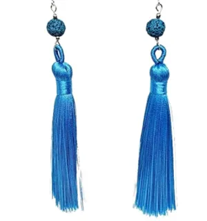 Caribbean Blue Diffuser Tassel Long Drop Earrings with Austrian Crystals 4 1/2 Inches