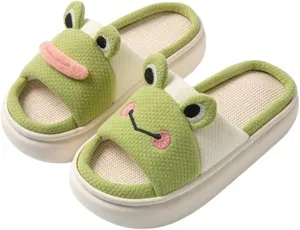 Cartoon Frog Animal Shape Linen Slippers, Womens Cotton Open Toe Memory Foam Comfortable Slides Four Seasons Indoor Outdoor Home Shoes