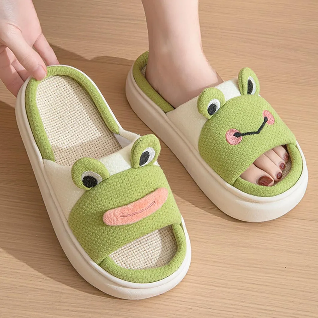Cartoon Frog Animal Shape Linen Slippers, Womens Cotton Open Toe Memory Foam Comfortable Slides Four Seasons Indoor Outdoor Home Shoes