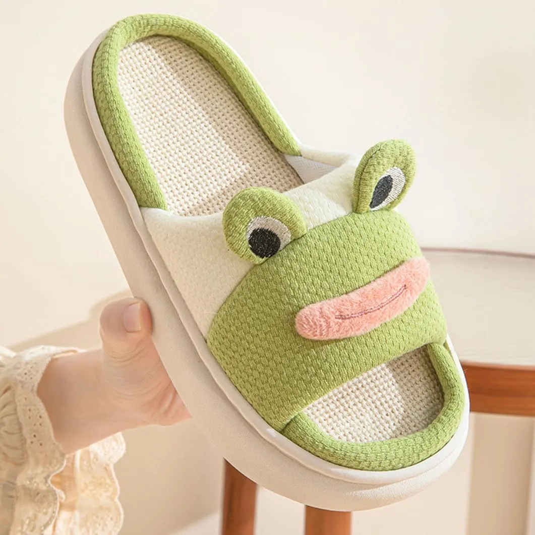Cartoon Frog Animal Shape Linen Slippers, Womens Cotton Open Toe Memory Foam Comfortable Slides Four Seasons Indoor Outdoor Home Shoes
