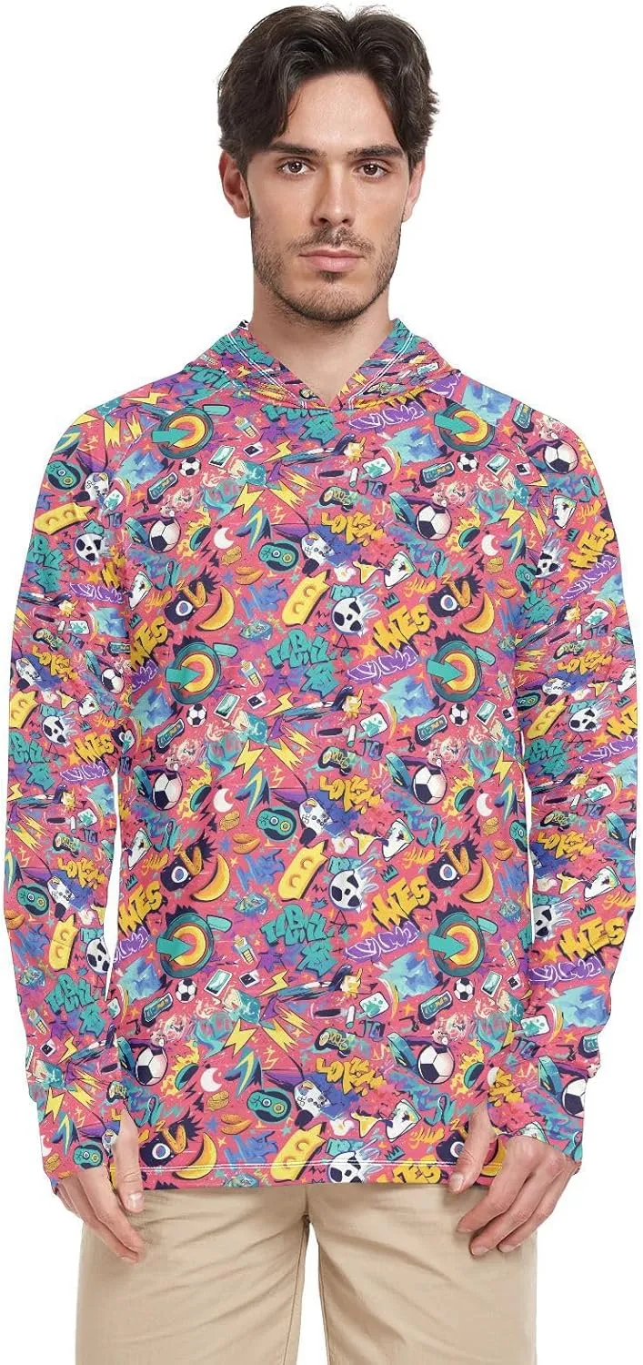 Cartoon Graffiti Men Sun Protection Hoodies Long Sleeve Sun Shirt with Hood UPF 50  Beach Hoodies Rash Guard Hooded