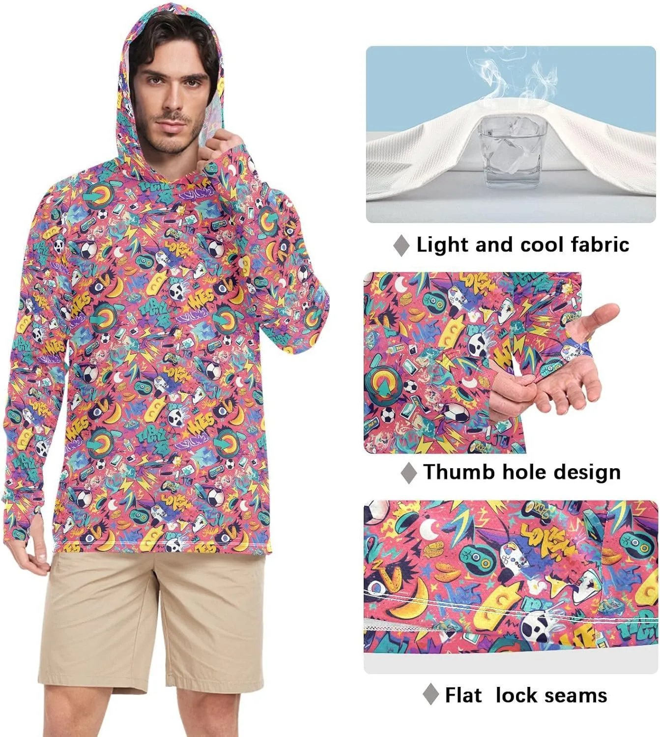 Cartoon Graffiti Men Sun Protection Hoodies Long Sleeve Sun Shirt with Hood UPF 50  Beach Hoodies Rash Guard Hooded