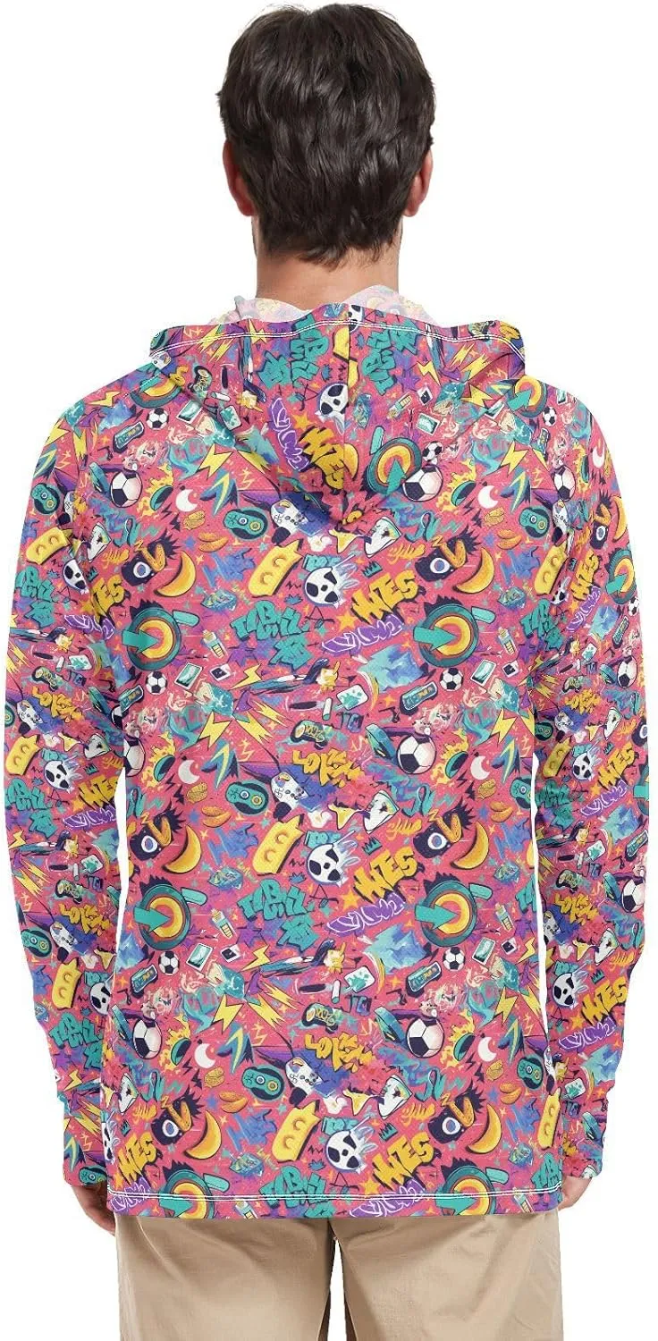 Cartoon Graffiti Men Sun Protection Hoodies Long Sleeve Sun Shirt with Hood UPF 50  Beach Hoodies Rash Guard Hooded
