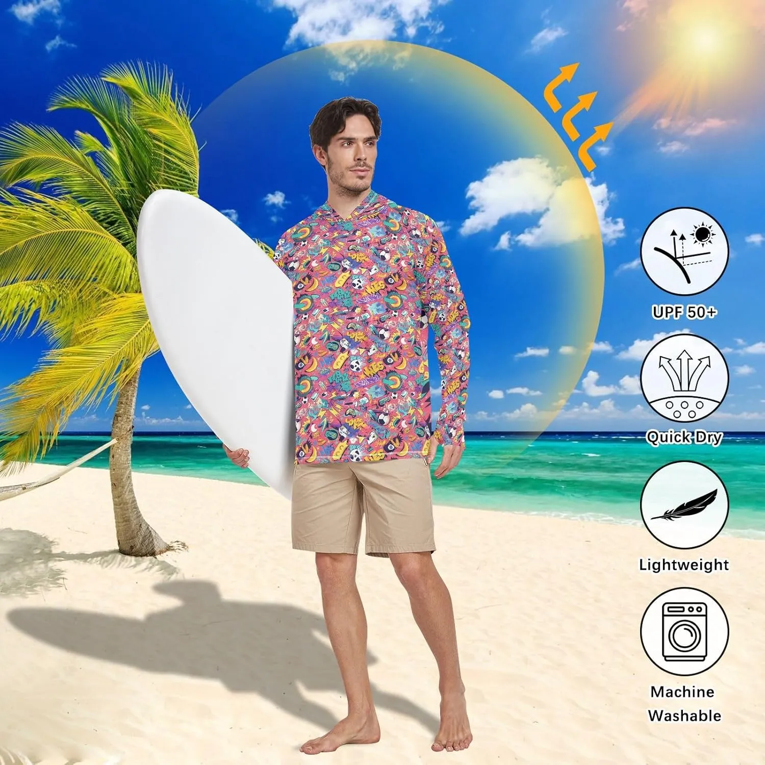 Cartoon Graffiti Men Sun Protection Hoodies Long Sleeve Sun Shirt with Hood UPF 50  Beach Hoodies Rash Guard Hooded