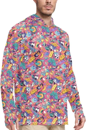 Cartoon Graffiti Men Sun Protection Hoodies Long Sleeve Sun Shirt with Hood UPF 50  Beach Hoodies Rash Guard Hooded