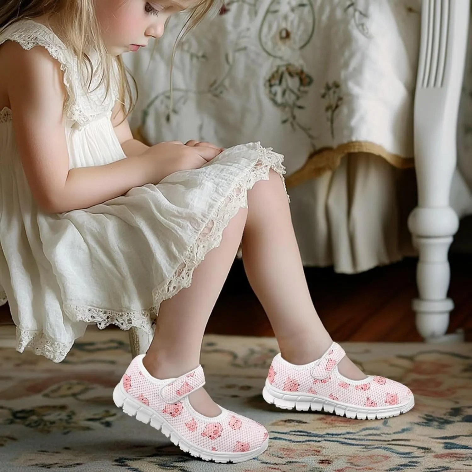Cartoon Pink Print Girls Sneakers Mary Jane Shoes Dress Shoes for Toddler Lightweight Flat Shoes Anti-Slip School Uniform Shoes for Party,Travel