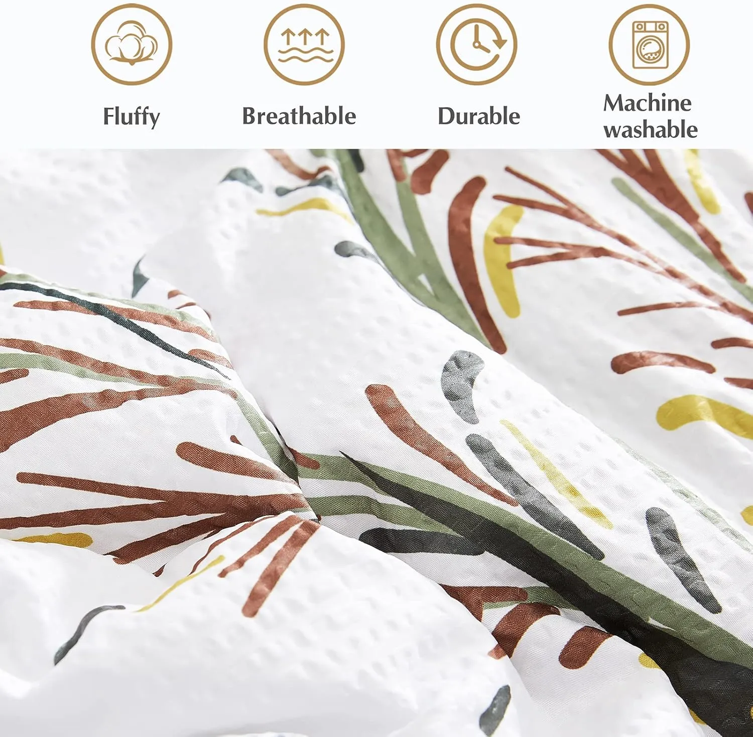 CASAAGUSTO Queen Comforter Set 7 PCS White & Green Dandelion Plant Comforter Set with Flowers Leaves Pattern Soft Seersucker Design All Season Bedding Set(90"X90")