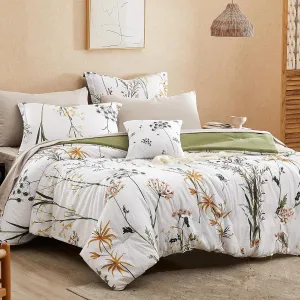 CASAAGUSTO Queen Comforter Set 7 PCS White & Green Dandelion Plant Comforter Set with Flowers Leaves Pattern Soft Seersucker Design All Season Bedding Set(90"X90")