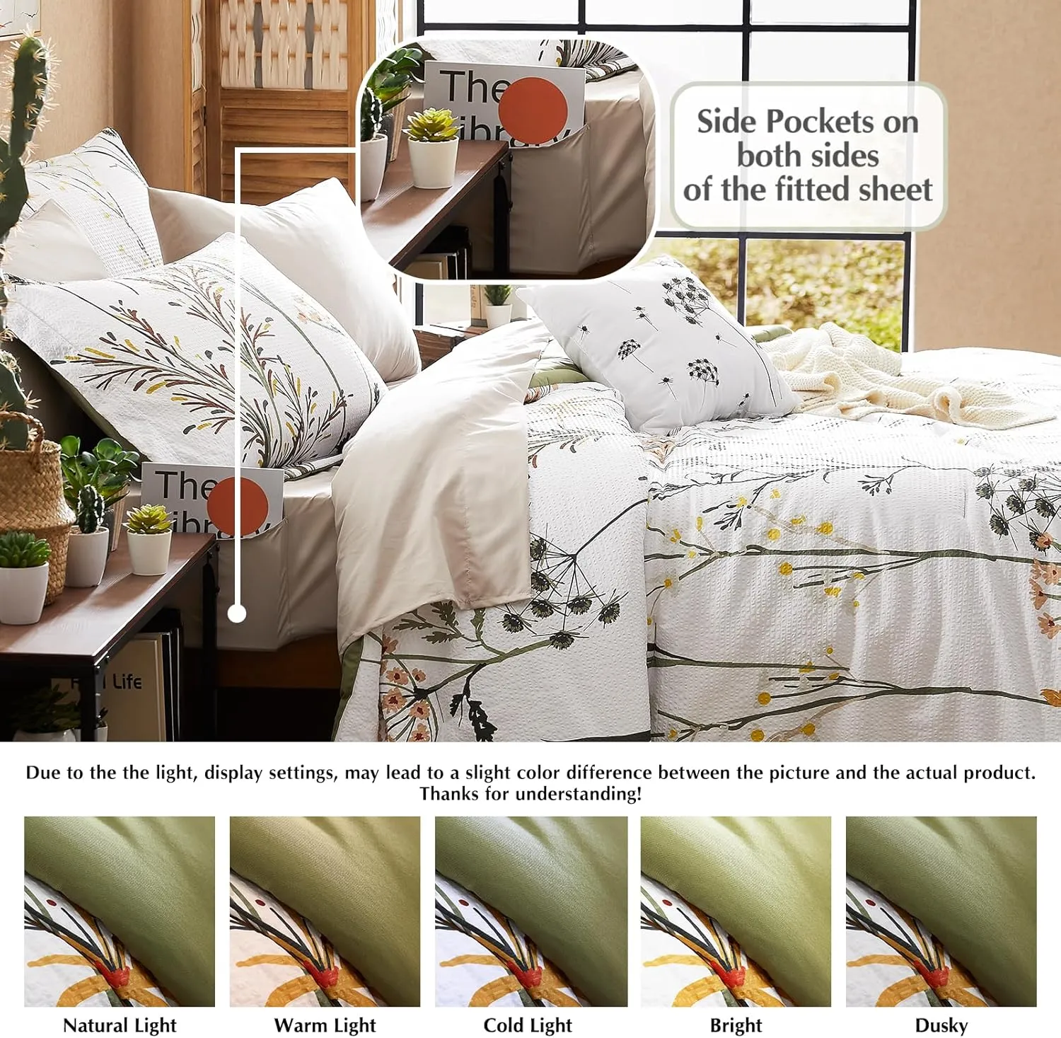 CASAAGUSTO Queen Comforter Set 7 PCS White & Green Dandelion Plant Comforter Set with Flowers Leaves Pattern Soft Seersucker Design All Season Bedding Set(90"X90")