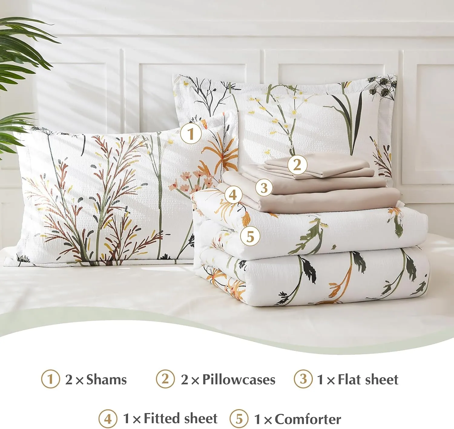 CASAAGUSTO Queen Comforter Set 7 PCS White & Green Dandelion Plant Comforter Set with Flowers Leaves Pattern Soft Seersucker Design All Season Bedding Set(90"X90")