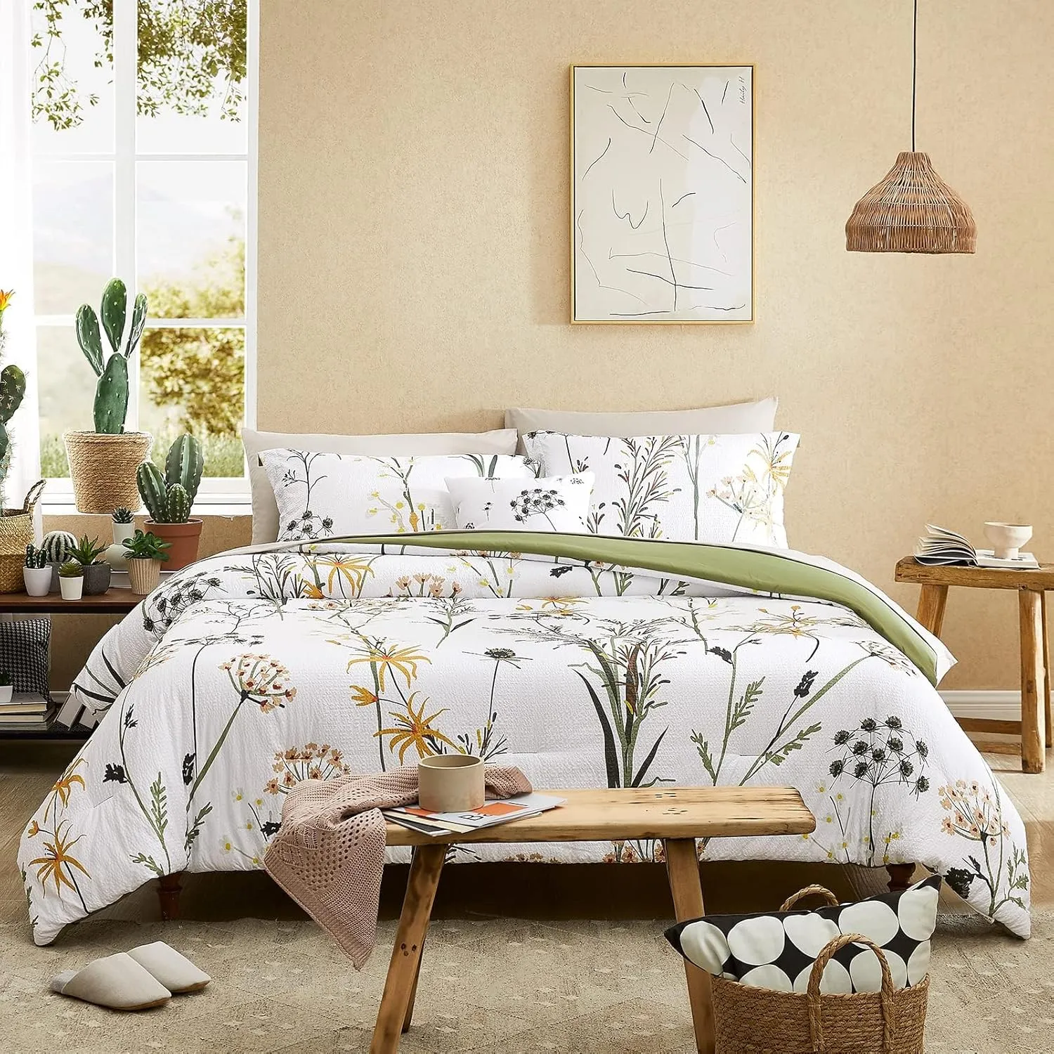 CASAAGUSTO Queen Comforter Set 7 PCS White & Green Dandelion Plant Comforter Set with Flowers Leaves Pattern Soft Seersucker Design All Season Bedding Set(90"X90")