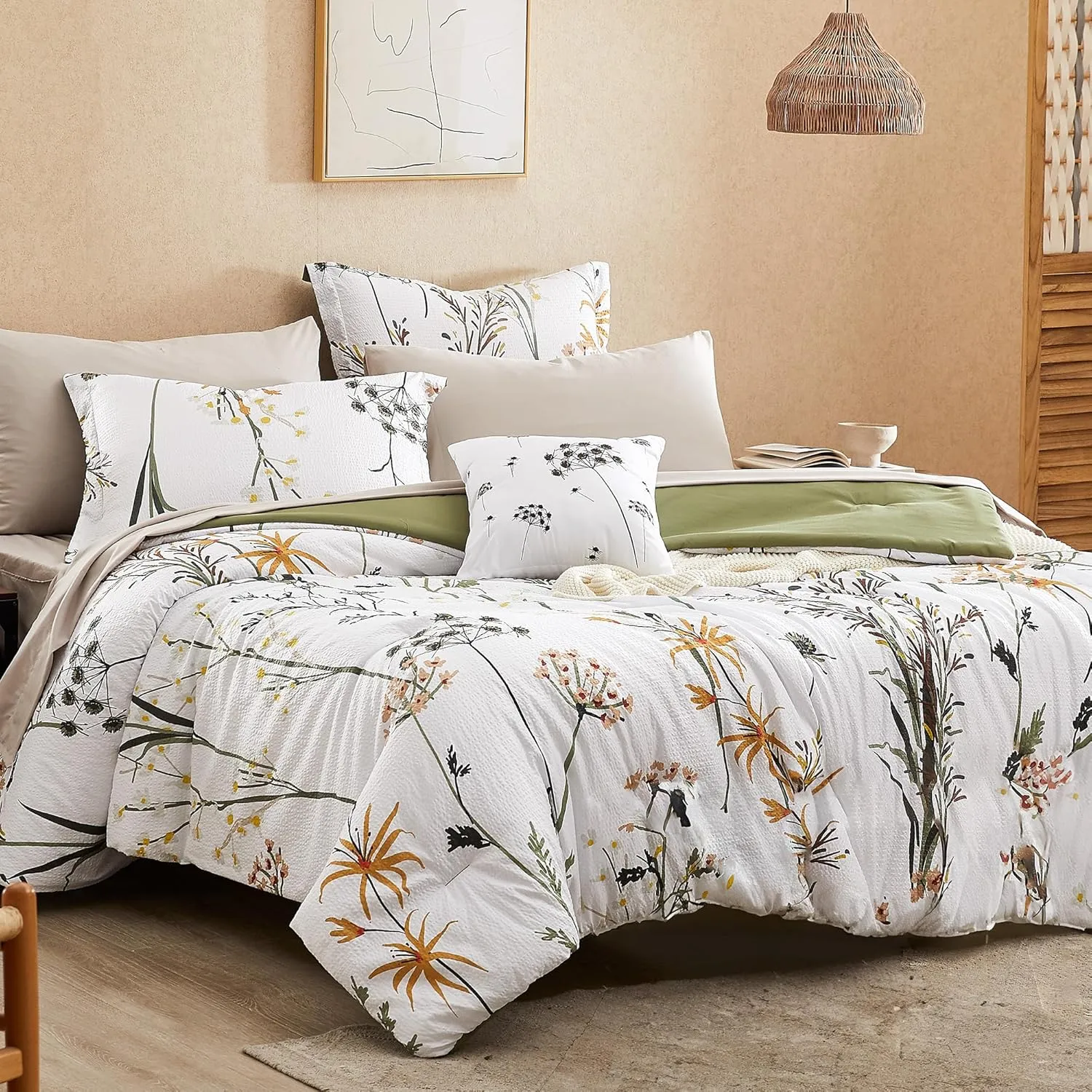 CASAAGUSTO Queen Comforter Set 7 PCS White & Green Dandelion Plant Comforter Set with Flowers Leaves Pattern Soft Seersucker Design All Season Bedding Set(90"X90")