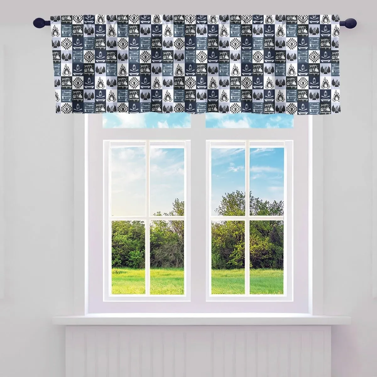 Castle Fairy Adventure Camping Valance Curtains Lodge Cabin Jungle Trees Lake Boat Window Valances for Kitchen Living Room Blue Grid Tribal Arrow Rustic Valances for Bedroom Bathroom 52" W X 12" L