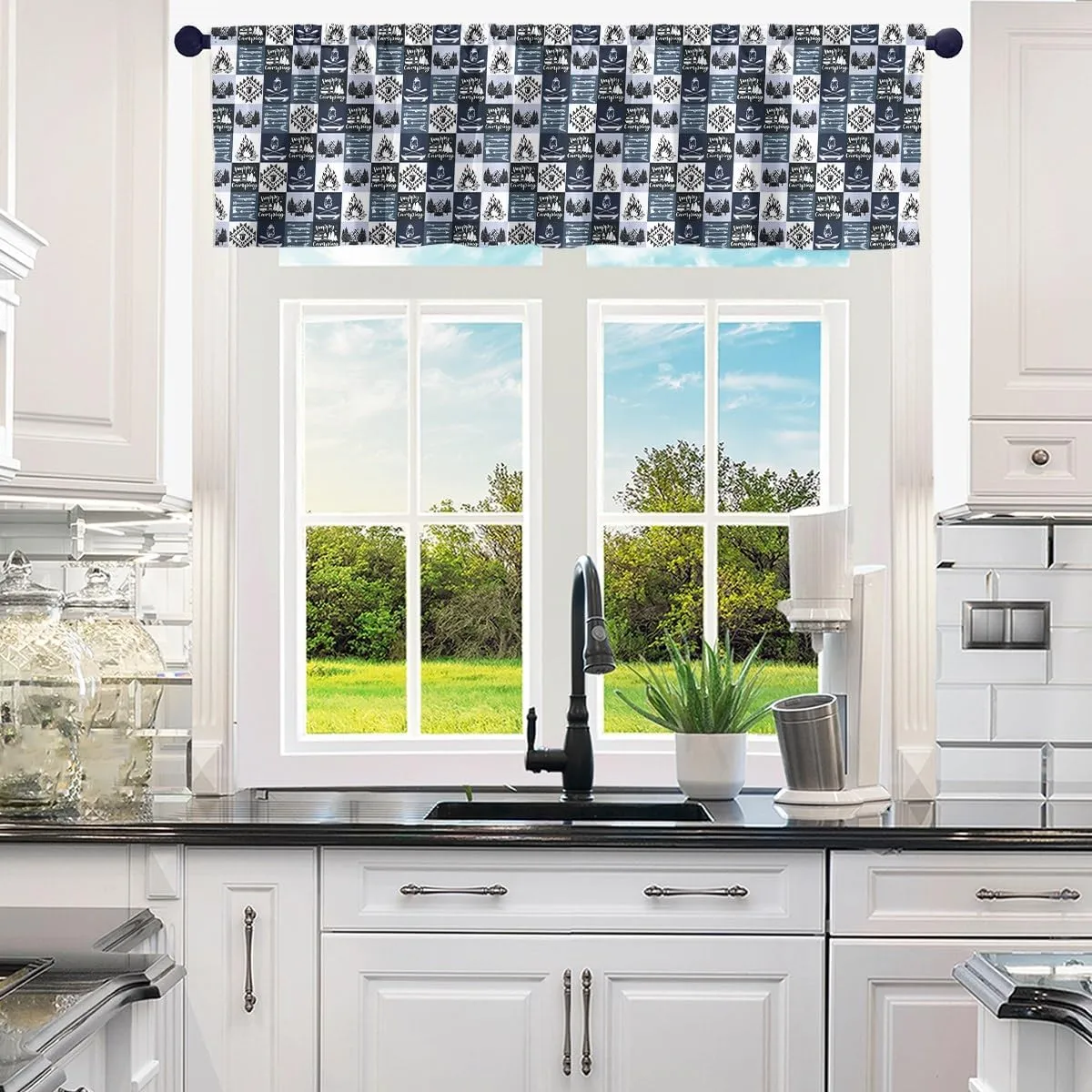 Castle Fairy Adventure Camping Valance Curtains Lodge Cabin Jungle Trees Lake Boat Window Valances for Kitchen Living Room Blue Grid Tribal Arrow Rustic Valances for Bedroom Bathroom 52" W X 12" L