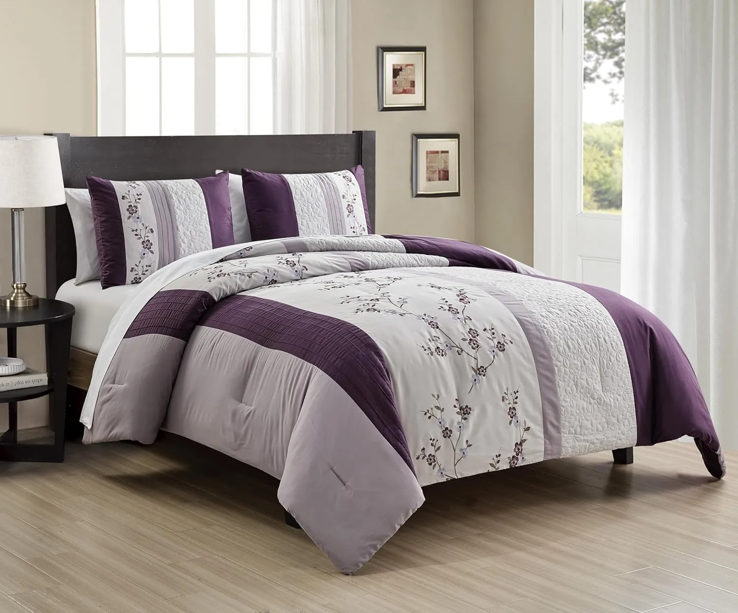 Chezmoi Collection Everly Queen Bed in a Bag 7-Pieces Luxury Lavender Purple Gray Cherry Blossom Floral Embroidery Comforter Set with Sheets All Season Bedding Set, Queen