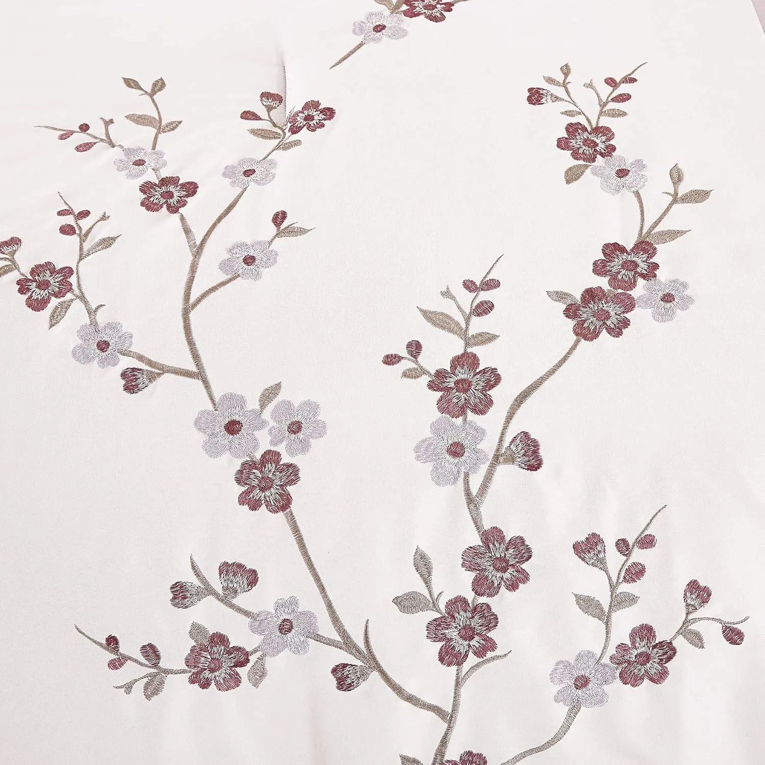 Chezmoi Collection Everly Queen Bed in a Bag 7-Pieces Luxury Lavender Purple Gray Cherry Blossom Floral Embroidery Comforter Set with Sheets All Season Bedding Set, Queen