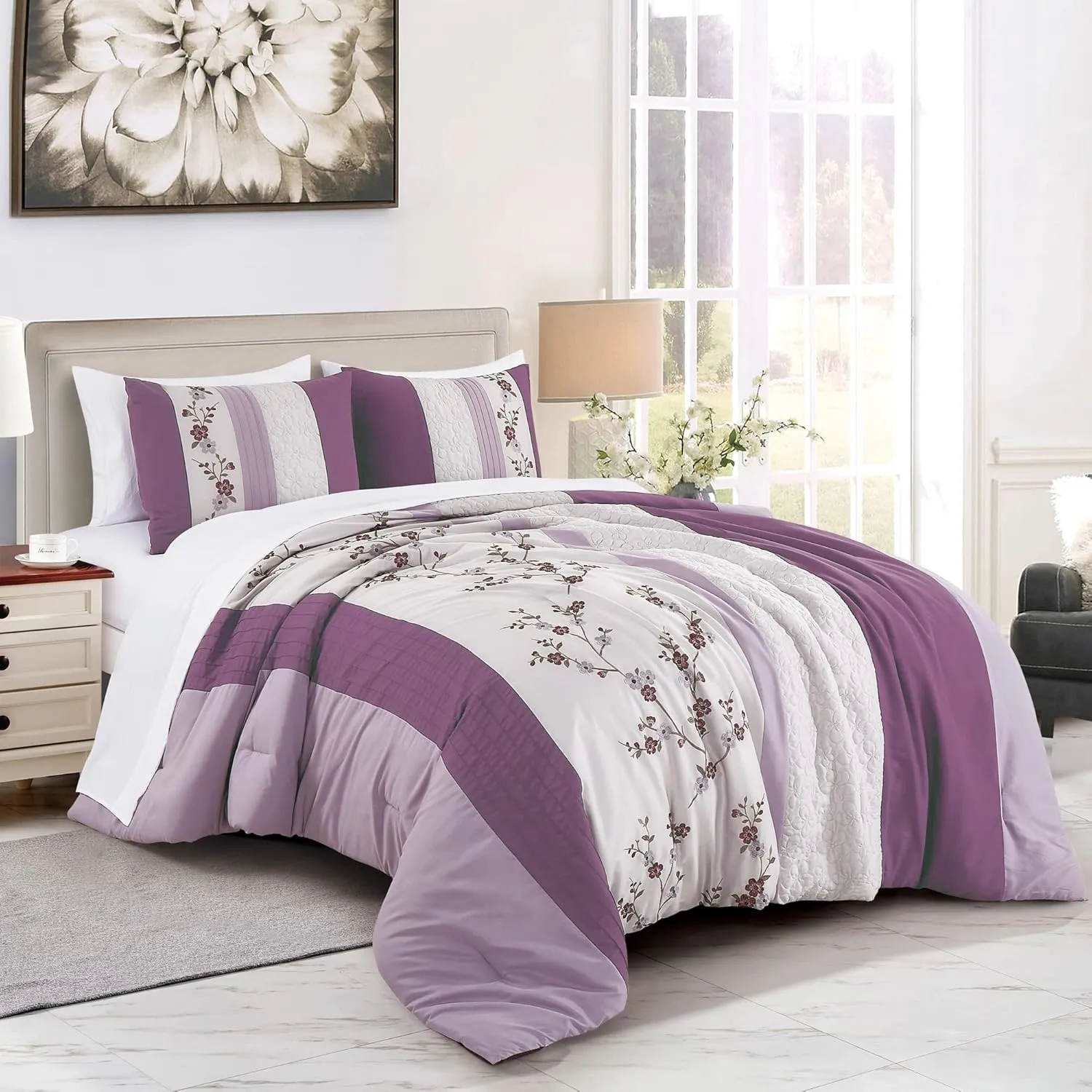 Chezmoi Collection Everly Queen Bed in a Bag 7-Pieces Luxury Lavender Purple Gray Cherry Blossom Floral Embroidery Comforter Set with Sheets All Season Bedding Set, Queen