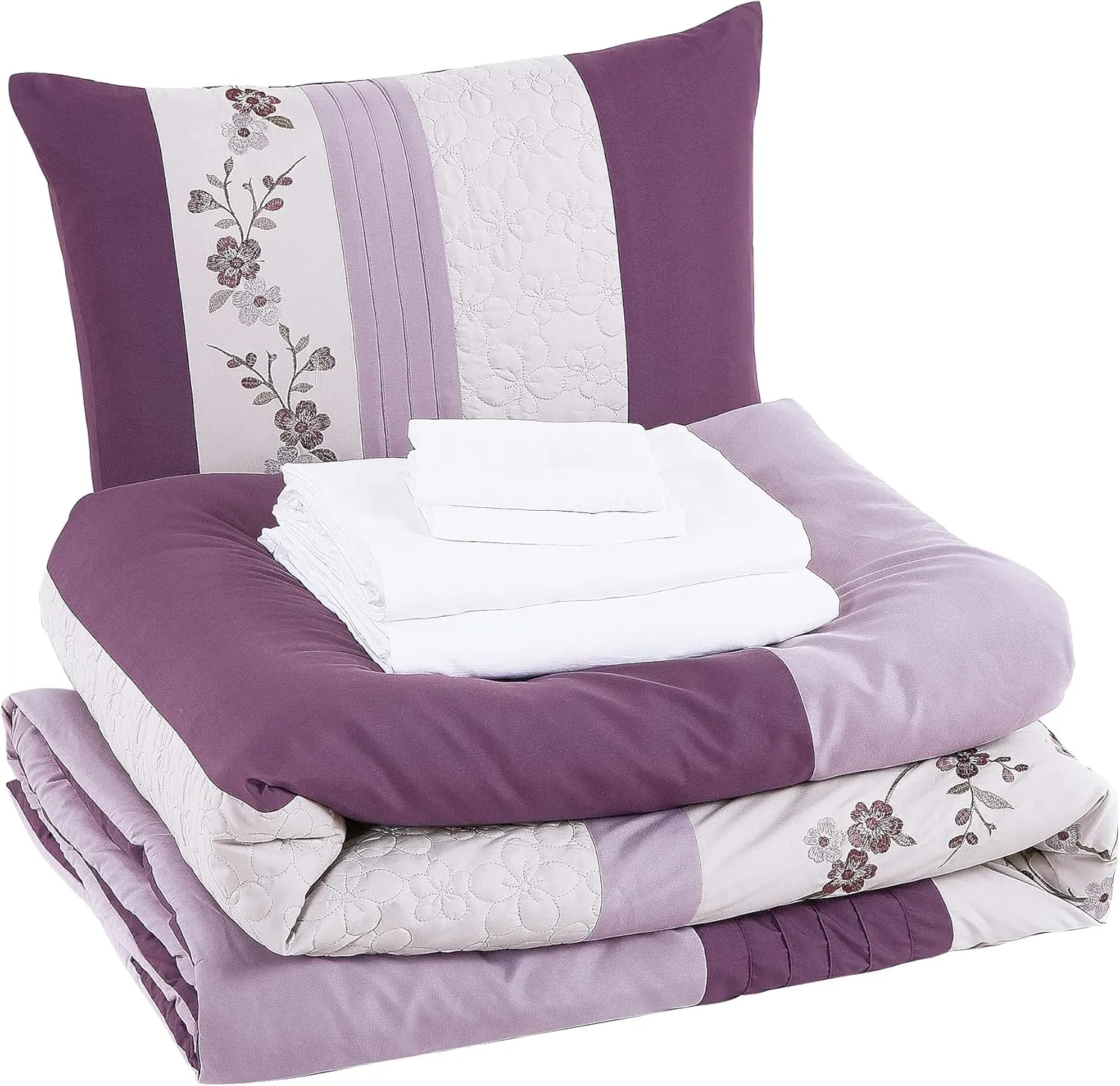 Chezmoi Collection Everly Queen Bed in a Bag 7-Pieces Luxury Lavender Purple Gray Cherry Blossom Floral Embroidery Comforter Set with Sheets All Season Bedding Set, Queen