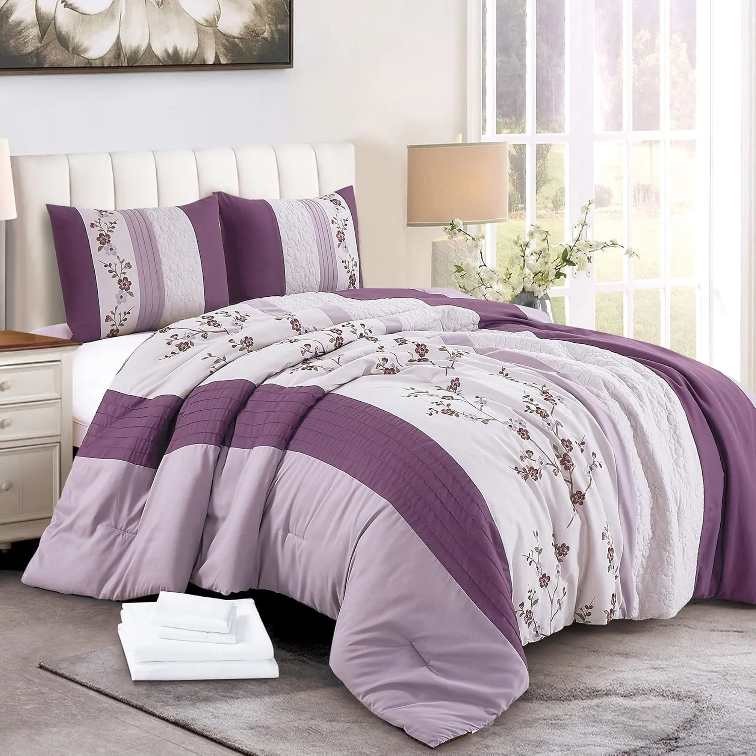 Chezmoi Collection Everly Queen Bed in a Bag 7-Pieces Luxury Lavender Purple Gray Cherry Blossom Floral Embroidery Comforter Set with Sheets All Season Bedding Set, Queen