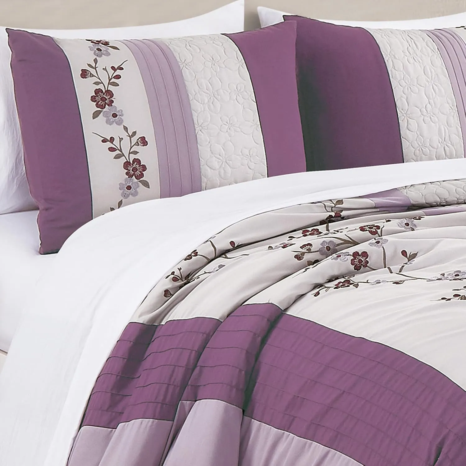 Chezmoi Collection Everly Queen Bed in a Bag 7-Pieces Luxury Lavender Purple Gray Cherry Blossom Floral Embroidery Comforter Set with Sheets All Season Bedding Set, Queen