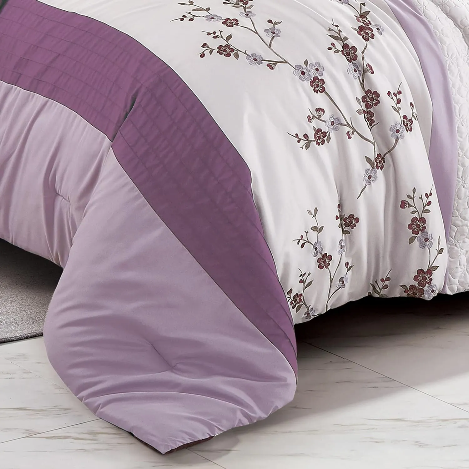Chezmoi Collection Everly Queen Bed in a Bag 7-Pieces Luxury Lavender Purple Gray Cherry Blossom Floral Embroidery Comforter Set with Sheets All Season Bedding Set, Queen
