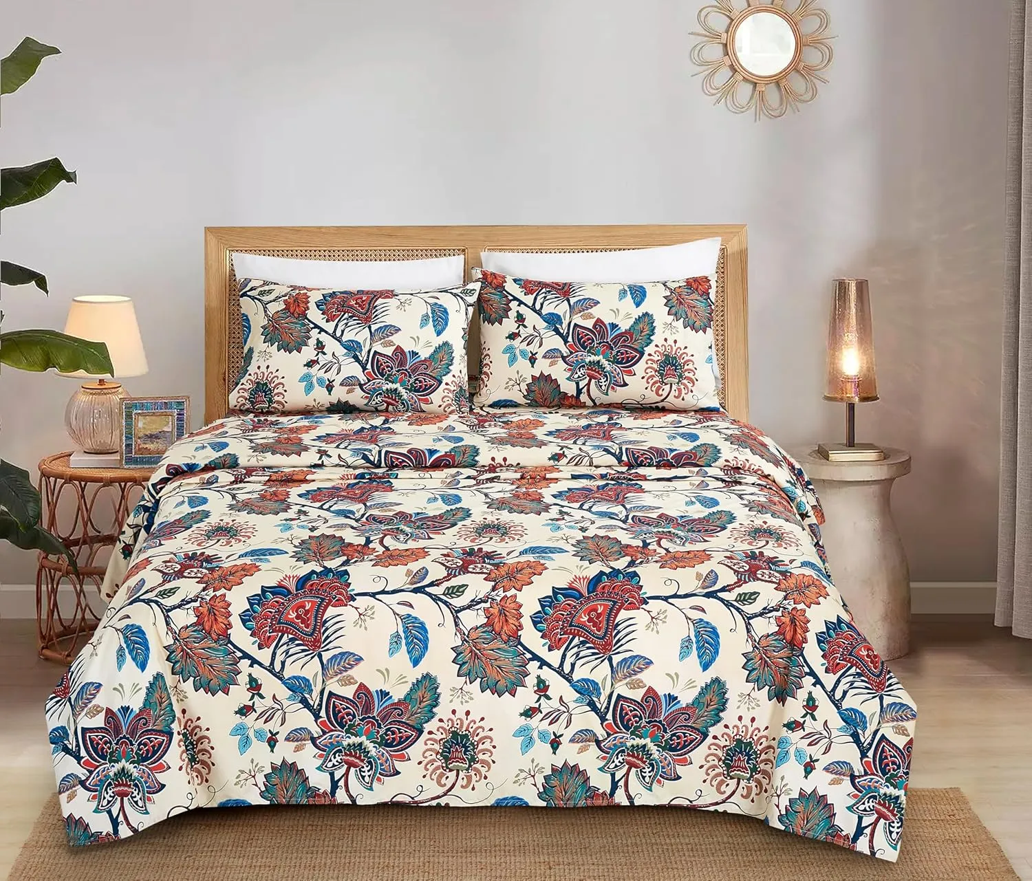 Chezmoi Collection Paradise 4-Piece Floral Bed Sheet Set - Multicolor Blue Red Orange Cream Printed Microfiber 14-Inches Deep Pocket Sheets & Pillowcases Set, King