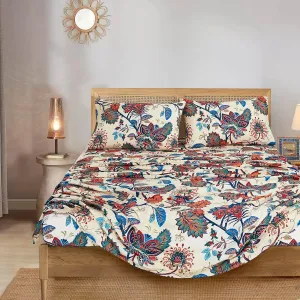 Chezmoi Collection Paradise 4-Piece Floral Bed Sheet Set - Multicolor Blue Red Orange Cream Printed Microfiber 14-Inches Deep Pocket Sheets & Pillowcases Set, King