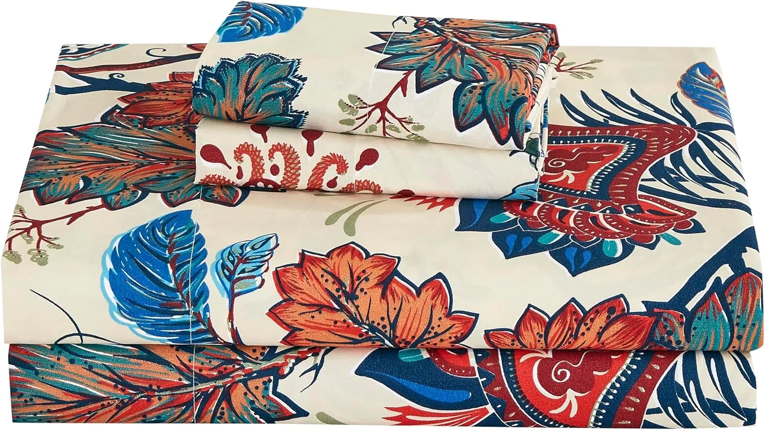 Chezmoi Collection Paradise 4-Piece Floral Bed Sheet Set - Multicolor Blue Red Orange Cream Printed Microfiber 14-Inches Deep Pocket Sheets & Pillowcases Set, King
