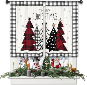 Christmas Tree Winter Kitchen Curtains 27.5W x 39L Inch Xmas Pine Farmhouse Rustic Plaid Black White Red Holiday Rod Pocket Short Small Window Treatment Drapes Decor 2 Panels