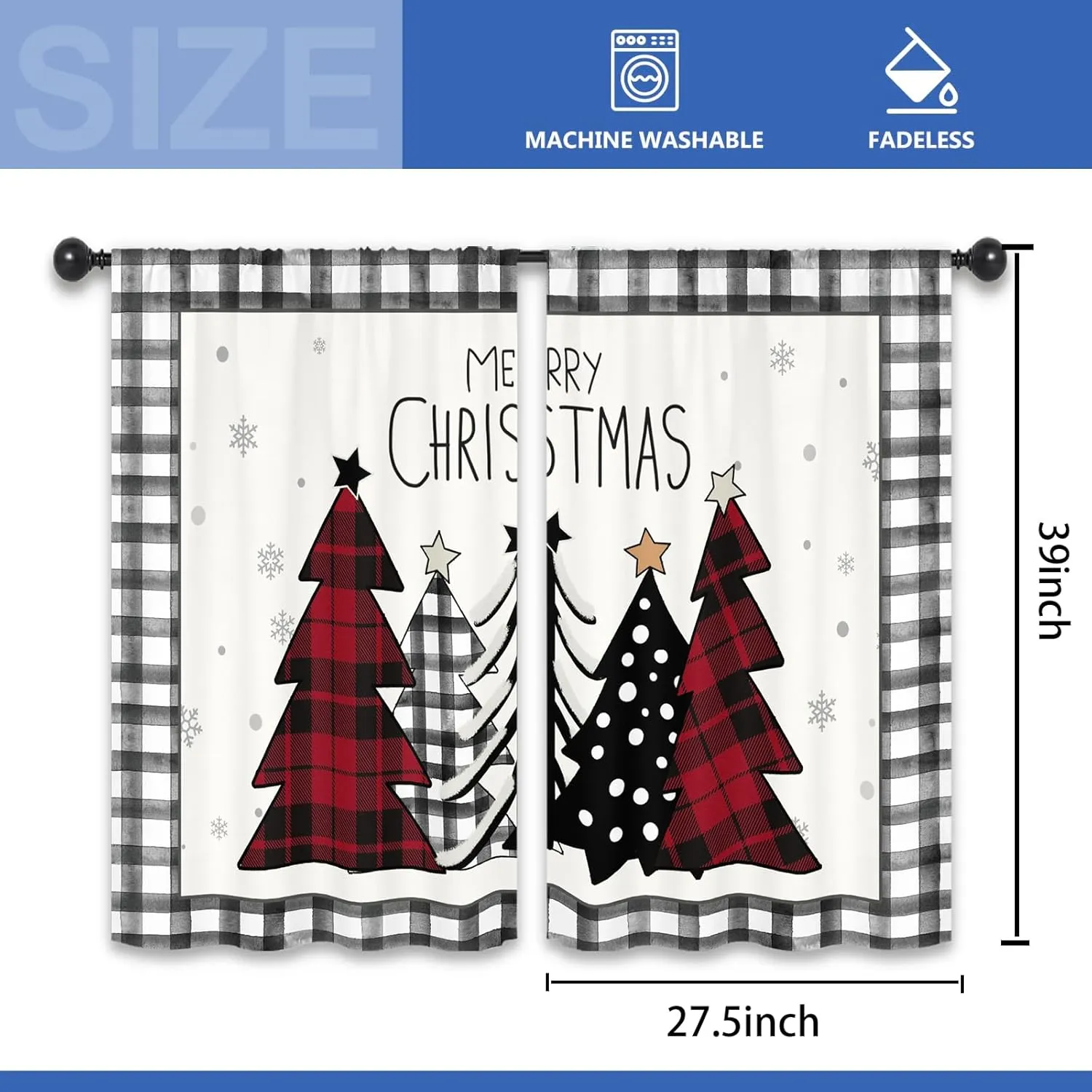 Christmas Tree Winter Kitchen Curtains 27.5W x 39L Inch Xmas Pine Farmhouse Rustic Plaid Black White Red Holiday Rod Pocket Short Small Window Treatment Drapes Decor 2 Panels