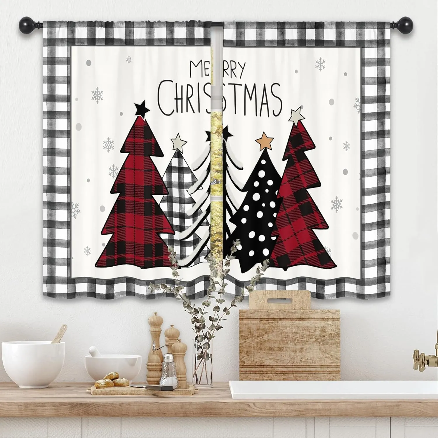 Christmas Tree Winter Kitchen Curtains 27.5W x 39L Inch Xmas Pine Farmhouse Rustic Plaid Black White Red Holiday Rod Pocket Short Small Window Treatment Drapes Decor 2 Panels