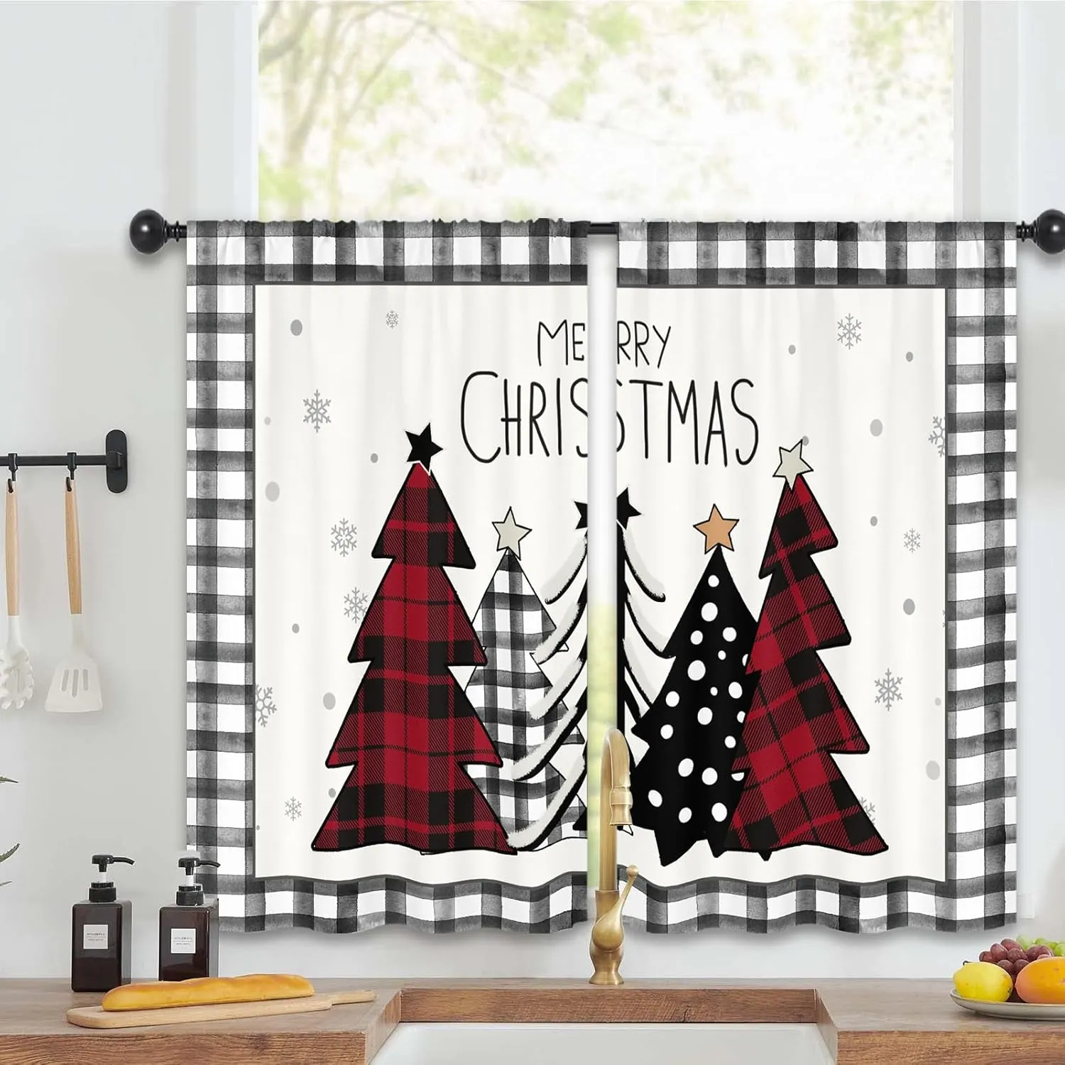 Christmas Tree Winter Kitchen Curtains 27.5W x 39L Inch Xmas Pine Farmhouse Rustic Plaid Black White Red Holiday Rod Pocket Short Small Window Treatment Drapes Decor 2 Panels